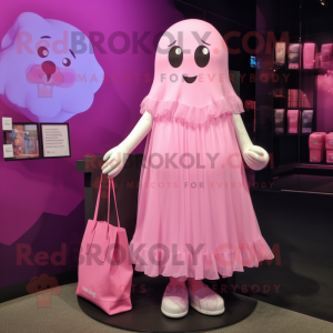 Pink Ghost mascot costume character dressed with a Mini Dress and Tote bags