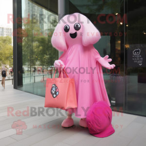 Pink Ghost mascot costume character dressed with a Mini Dress and Tote bags