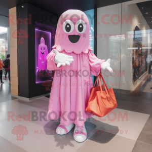 Pink Ghost mascot costume character dressed with a Mini Dress and Tote bags