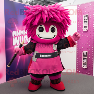 Magenta Samurai mascot costume character dressed with a Dungarees and Hairpins