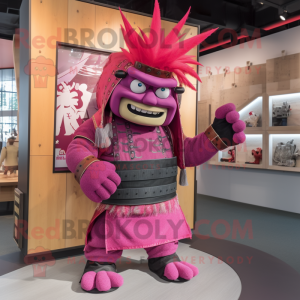 Magenta Samurai mascot costume character dressed with a Dungarees and Hairpins