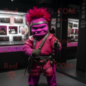 Magenta Samurai mascot costume character dressed with a Dungarees and Hairpins