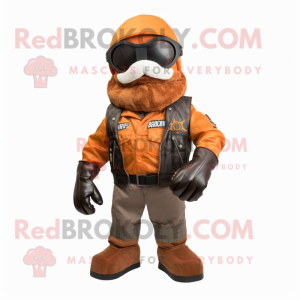 Rust Commando mascot costume character dressed with a Biker Jacket and Bow ties