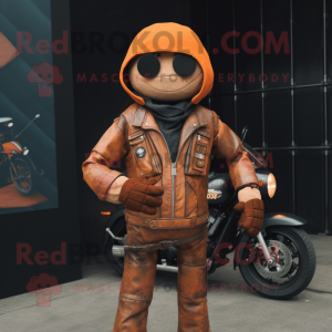 Rust Commando mascot costume character dressed with a Biker Jacket and Bow ties