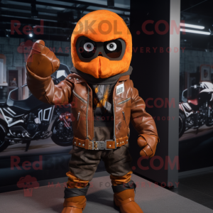 Rust Commando mascot costume character dressed with a Biker Jacket and Bow ties