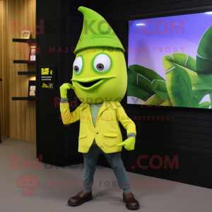 Lime Green Banana mascot costume character dressed with a Skinny Jeans and Lapel pins