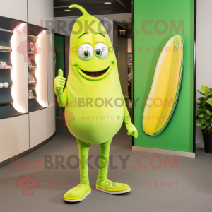 Lime Green Banana mascot costume character dressed with a Skinny Jeans and Lapel pins