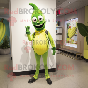 Lime Green Banana mascot costume character dressed with a Skinny Jeans and Lapel pins
