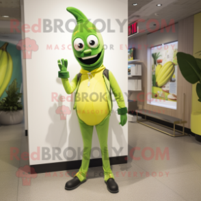 Lime Green Banana mascot costume character dressed with a Skinny Jeans and Lapel pins