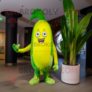 Lime Green Banana mascot costume character dressed with a Skinny Jeans and Lapel pins