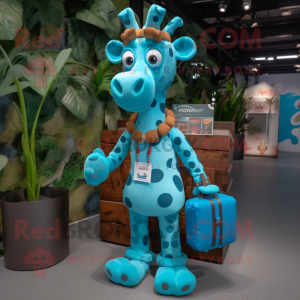 Cyan Giraffe mascot costume character dressed with a Shorts and Messenger bags