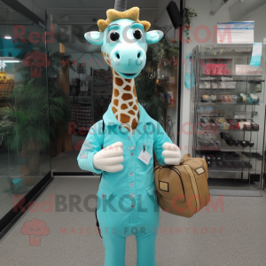 Cyan Giraffe mascot costume character dressed with a Shorts and Messenger bags