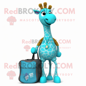 Cyan Giraffe mascot costume character dressed with a Shorts and Messenger bags