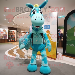 Cyan Giraffe mascot costume character dressed with a Shorts and Messenger bags