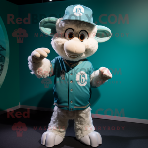 Teal Ram mascot costume character dressed with a Baseball Tee and Hat pins