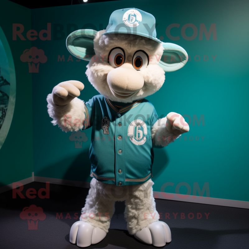 Teal Ram mascot costume character dressed with a Baseball Tee and Hat pins Teal Ram mascot costume character dressed with a Baseball Tee and Hat pins