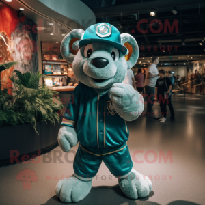 Teal Ram mascot costume character dressed with a Baseball Tee and Hat pins