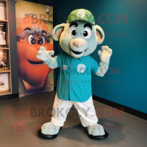 Teal Ram mascot costume character dressed with a Baseball Tee and Hat pins