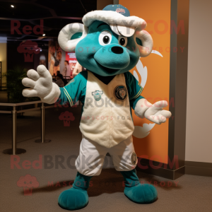 Teal Ram mascot costume character dressed with a Baseball Tee and Hat pins