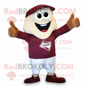 Maroon Moussaka mascot costume character dressed with a T-Shirt and Lapel pins