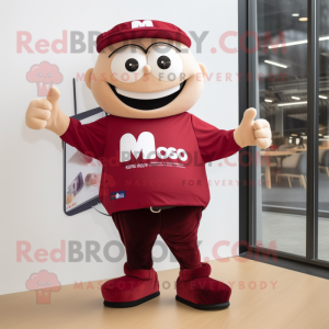 Maroon Moussaka mascot costume character dressed with a T-Shirt and Lapel pins