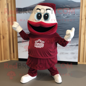 Maroon Moussaka mascot costume character dressed with a T-Shirt and Lapel pins