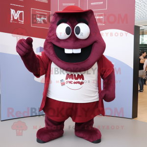 Maroon Moussaka mascot costume character dressed with a T-Shirt and Lapel pins