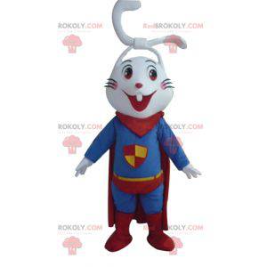 Mascote coelho branco muito sorridente vestido de super-herói -