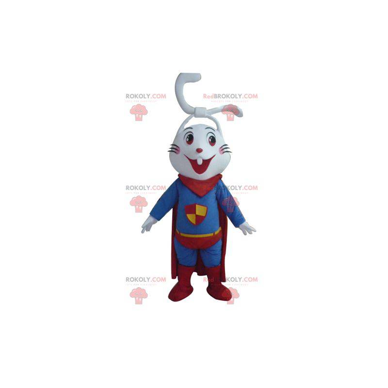 Mascota conejo blanco muy sonriente vestida como un superhéroe