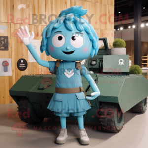 Cyan Army Soldier mascot costume character dressed with a Tank Top and Hairpins