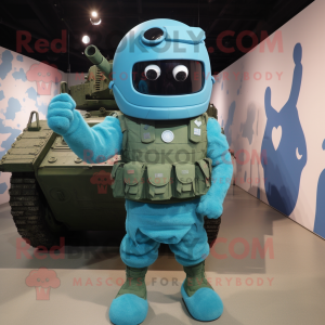 Cyan Army Soldier mascot costume character dressed with a Tank Top and Hairpins