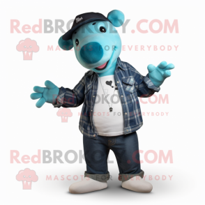 Turquoise Tapir mascot costume character dressed with a Jeans and Beanies