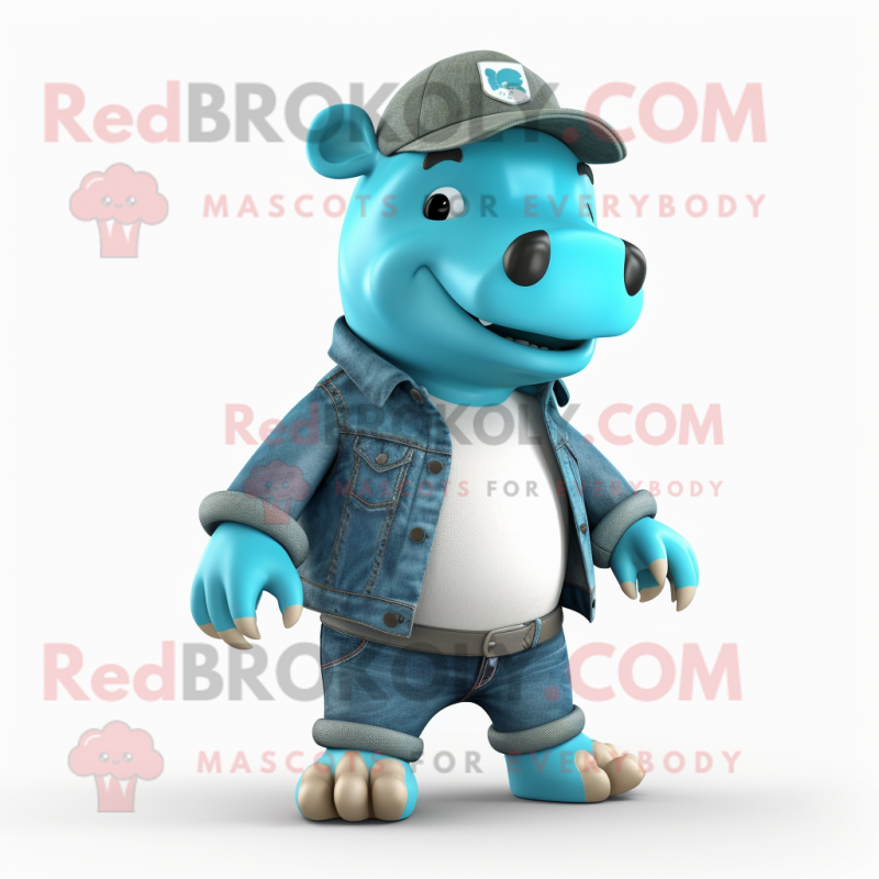 Turquoise Tapir mascot costume character dressed with a Jeans and Beanies