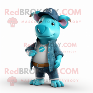 Turquoise Tapir mascot costume character dressed with a Jeans and Beanies