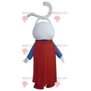 Very smiling white rabbit mascot dressed as a superhero -