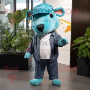 Turquoise Tapir mascot costume character dressed with a Jeans and Beanies