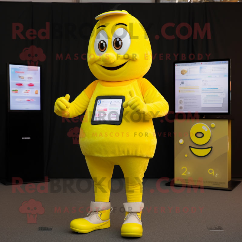 Lemon Yellow Chocolate Bar mascot costume character dressed with a Joggers and Digital watches Lemon Yellow Chocolate Bar mascot costume character dressed with a Joggers and Digital watches