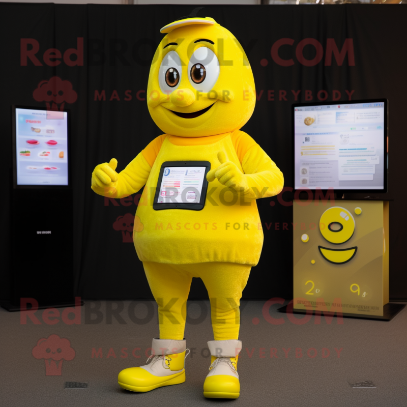 Lemon Yellow Chocolate Bar mascot costume character dressed with a Joggers and Digital watches