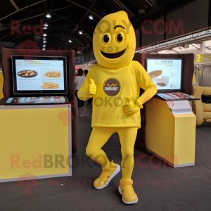 Lemon Yellow Chocolate Bar mascot costume character dressed with a Joggers and Digital watches