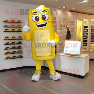 Lemon Yellow Chocolate Bar mascot costume character dressed with a Joggers and Digital watches