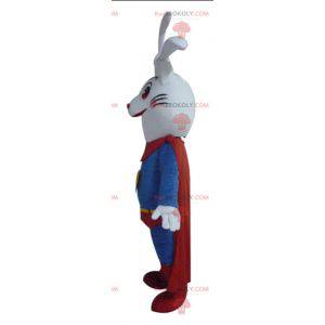 Very smiling white rabbit mascot dressed as a superhero -