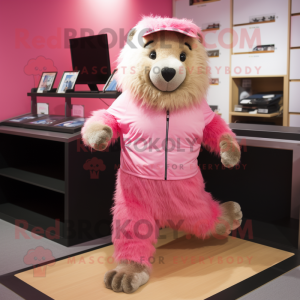 Pink Marmot mascot costume character dressed with a Running Shorts and Shawls