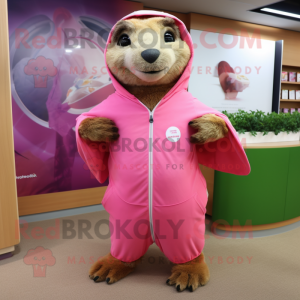 Pink Marmot mascot costume character dressed with a Running Shorts and Shawls