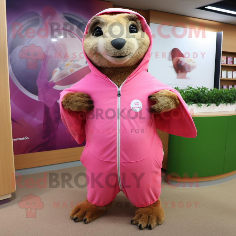 Pink Marmot mascot costume character dressed with a Running Shorts and Shawls