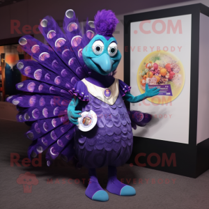 Purple Peacock mascot costume character dressed with a Dress Shirt and Coin purses