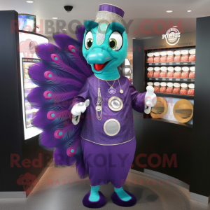 Purple Peacock mascot costume character dressed with a Dress Shirt and Coin purses