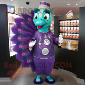 Purple Peacock mascot costume character dressed with a Dress Shirt and Coin purses