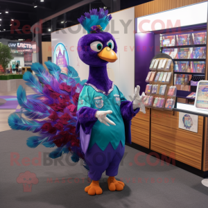 Purple Peacock mascot costume character dressed with a Dress Shirt and Coin purses