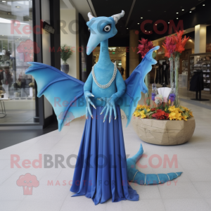 Blue Pterodactyl mascot costume character dressed with a Maxi Dress and Necklaces