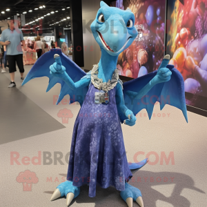 Blue Pterodactyl mascot costume character dressed with a Maxi Dress and Necklaces